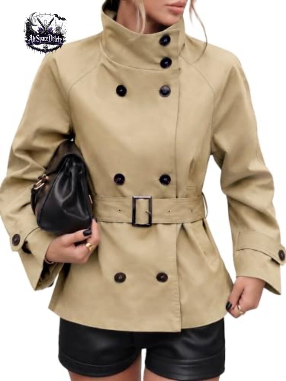 Cropped Trench Coat Funnel Neck Belted Button Fall Jacket